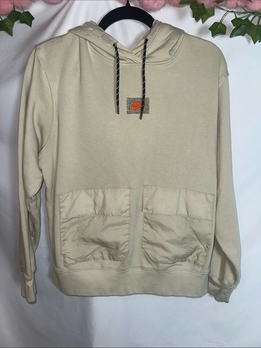 Nike women’s Hooded Pullover in Light Beige with Orange Logo